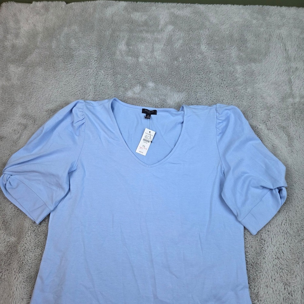 Talbots V-Neck Puff Sleeve Top Womens PS Petite Short Sleeve Light Blue 358827